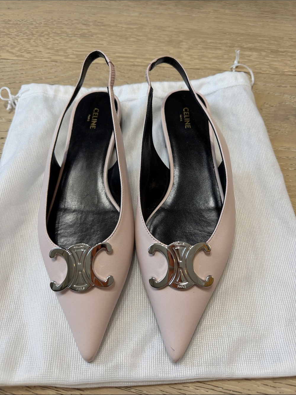 Celine Pale Pink Leather Pointed Slingback Flats with Silver Logo